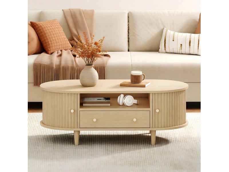Table basse ovale 100 x 50 x 36 cm en mdf avec tiroir, rangement ouvert et portes à rideau bois clair chicfurn - Conforama C