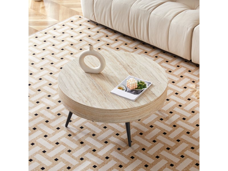  Table basse ronde 70 cm – effet travertin clair, mdf, pieds métal noirs – design minimaliste, idéal petit salon  - Conforama D