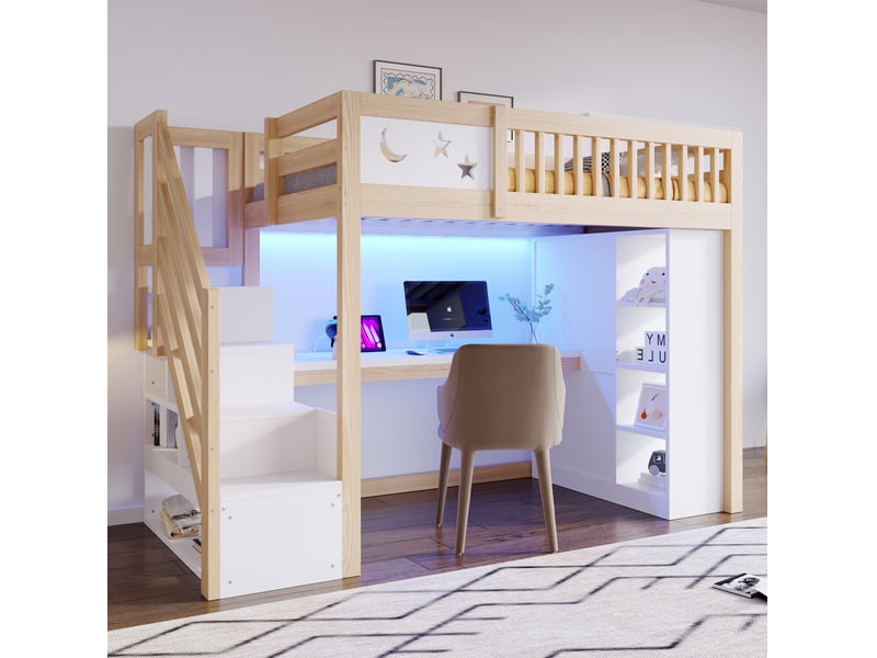 Lit mezzanine modenvie 90 x 200 cm avec bureau, led, prises et rangements blanc et naturel - Conforama B