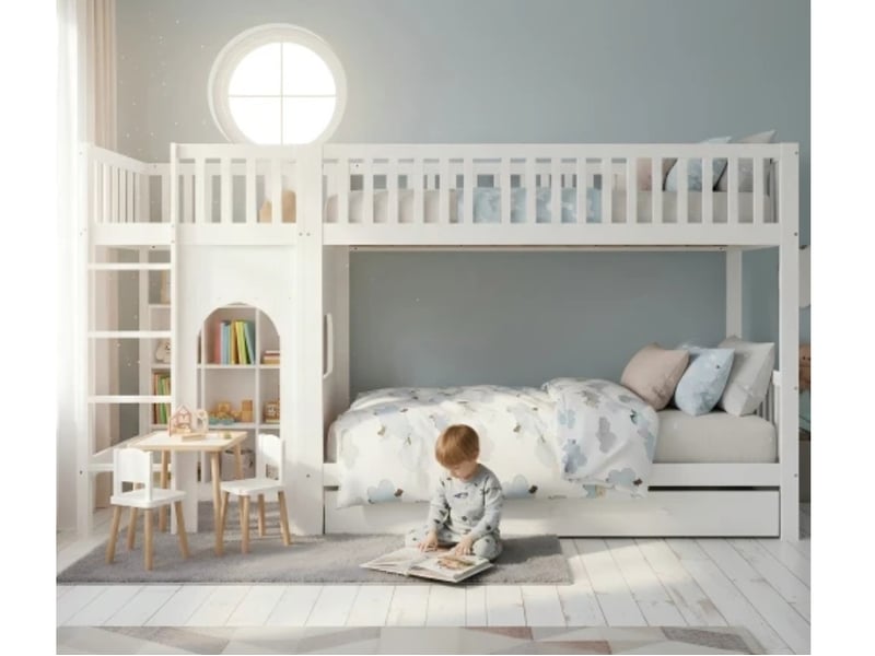  Lit superposé enfant 90×200, échelle 4 marches, garde-corps, pinmdf, blanc  - Conforama B