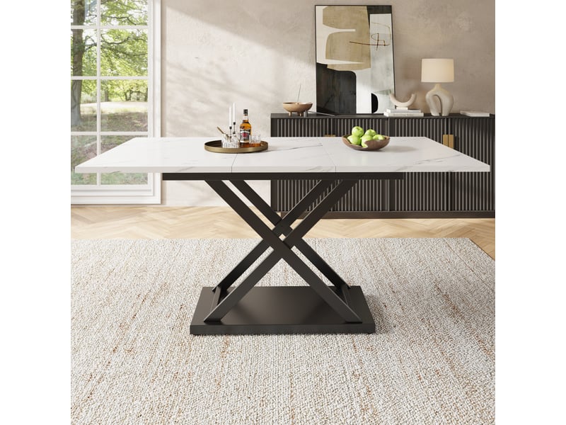 Table à manger rectangulaire extensible 120-160 x 80 cm, plateau mdf effet marbre blanc, pieds croisés en métal noir, 6 à 8 places, moderne - Conforama C