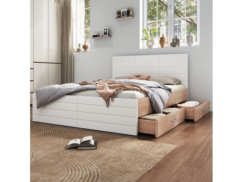  Lit double avec 2 tiroirs 140 x 200 cm blanc et chêne clair  - Conforama D