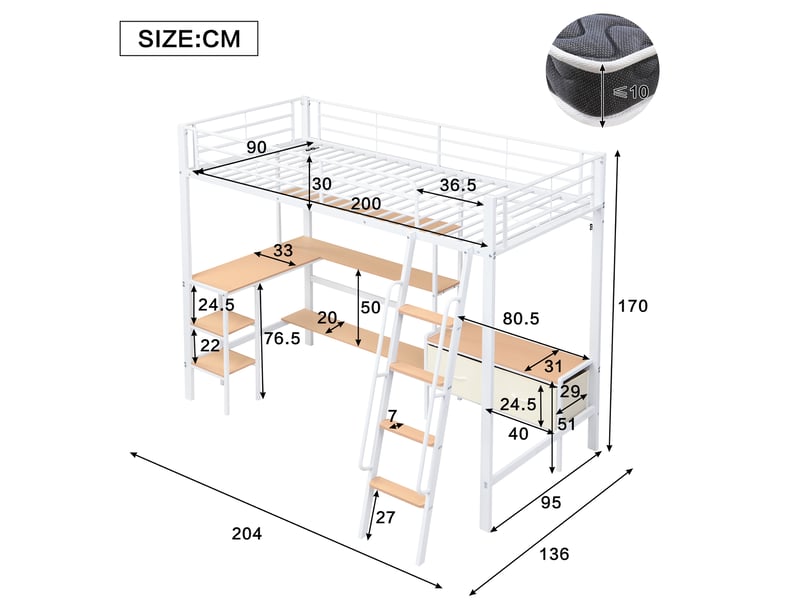  Lit mezzanine en fer forgé, comprenant deux coffres de rangement en tissu, bureau et étagère de rangement, escalier incliné à quatre niveaux, fer et mdf, blanc et naturel, 90 x 200 cm  - Conforama C
