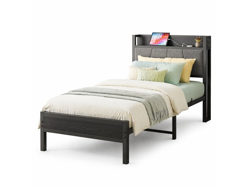  Lit simple 90x200 cm en métal noir avec rangement sous le lit, structure stable pour chambre ou chambre d’amis  - Conforama A