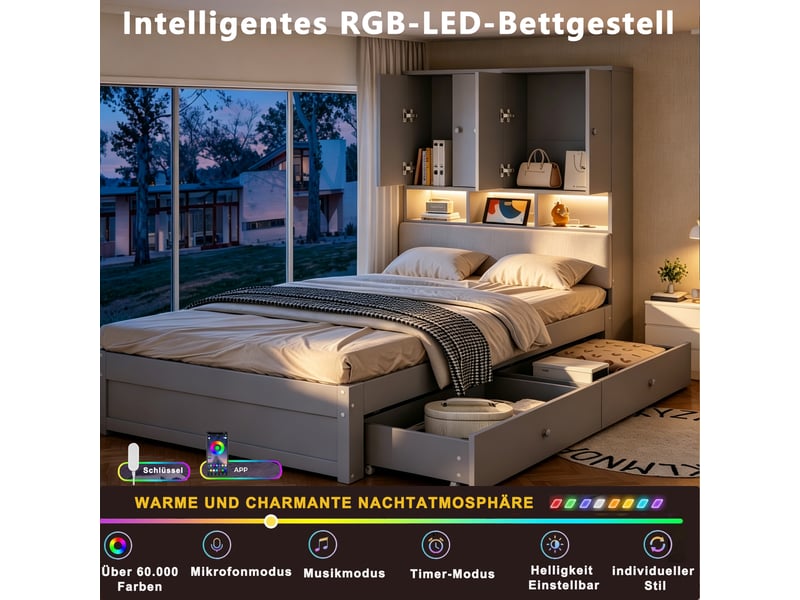  Lit simple 90×200 cm avec tête de lit, rangements, led, prise et tiroir, gris  - Conforama B