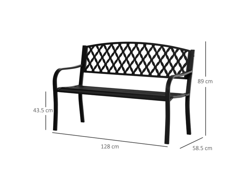 Banc d'extérieur 2 places avec accoudoirs en acier et fonte, 128 x 58,5 x 89 cm, noir - Conforama D