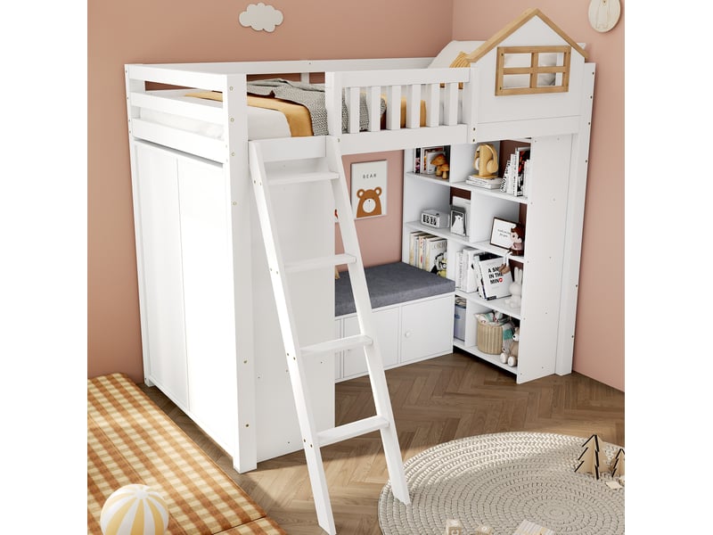  Lit mezzanine enfant simple 90 × 200 cm avec échelle, armoire, étagères et banquette, sans matelas, blanc naturel  - Conforama C