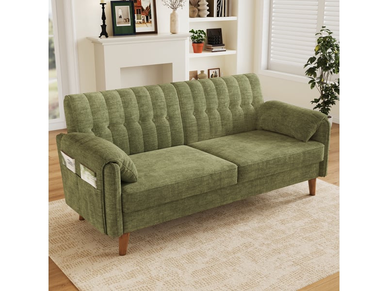 Canapé 2 places 161,5 x 79 x 83,5 cm en chenille, dossier capitonné, 2 coussins d’accoudoir, poches latérales, pieds en bois massif - vert - Conforama B