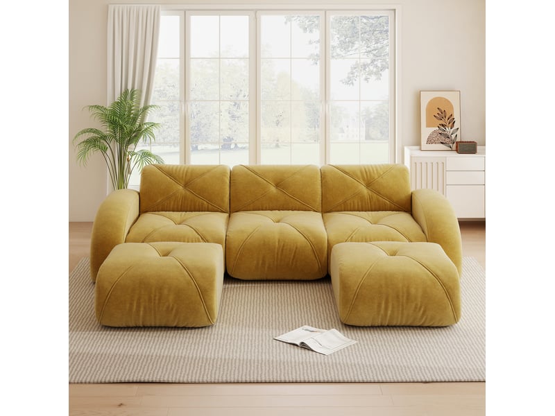 Canapé modulable en u 3 places 281x171x76 cm, sans cadre, sans montage, 2 poufs, revêtement en chenille, jaune - Conforama D