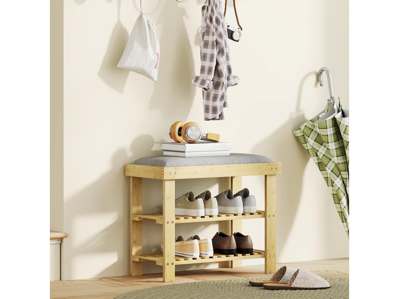  Banc à chaussures en bambou avec coussin, étagère à chaussures à 2 niveaux pour entrée ou chambre, 60 x 29 x 49 cm, gris  - Conforama D
