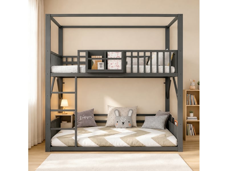 Lit superposé enfant 90x200 cm en métal noir avec toit et rangements - Conforama E