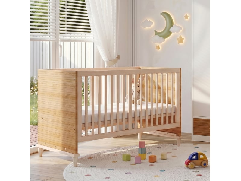 Lit bébé à barreaux 70x140 cm, sommier 5 hauteurs, pieds renforcés, bois et mdf naturel, sans matelas - Conforama B