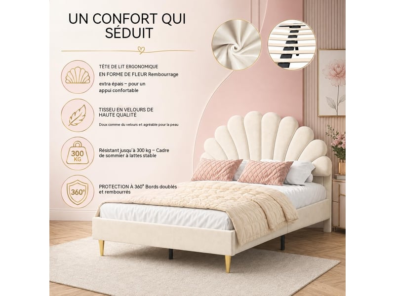 Lit enfant 140x200 cm cadre rembourré en velours, tête de lit design pétale, pieds métalliques dorés, structure stable charge 250kg - Conforama C