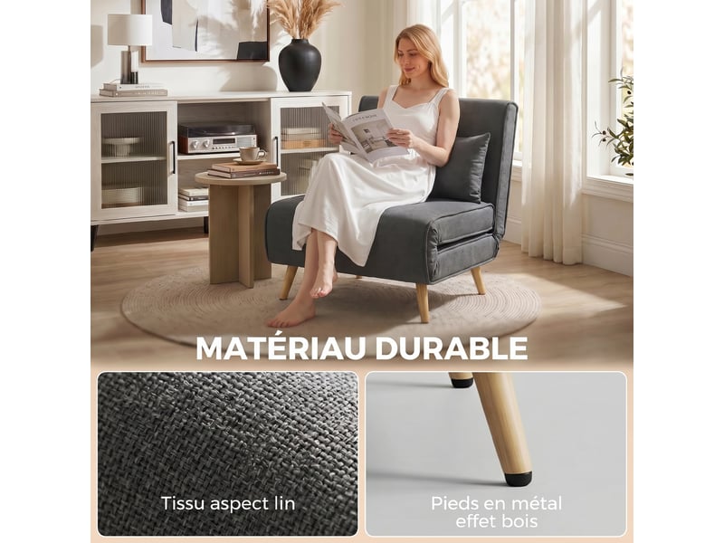  Canapé-lit 1 place avec dossier réglable, coussin inclus et pieds charge pliables 120 kg gris  - Conforama R