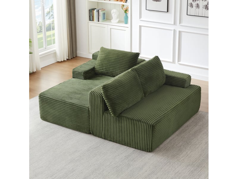  Canapé d'angle compressé en l 238x152x66 cm modulable 3 places, mousse et velours côtelé couleur vert, moderne  - Conforama D