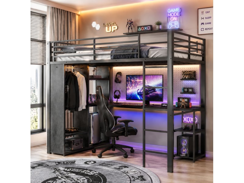  Lit mezzanine 90 × 200 cm avec bureau, étagères, armoire ouverte, led et prises usb pour chambre enfant noir  - Conforama E