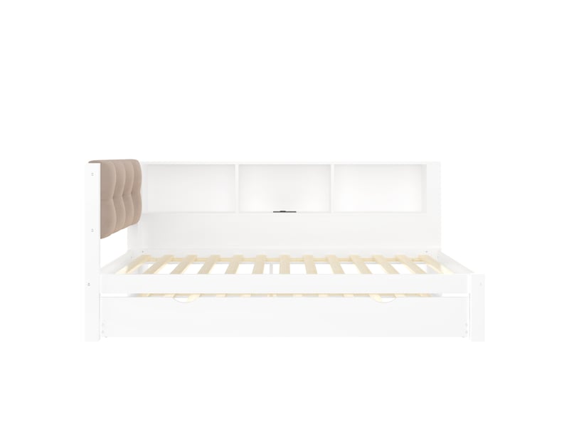  Lit banquette avec lit gigogne, led, étagère et usb, pin blanc, 90x200 cm  - Conforama A
