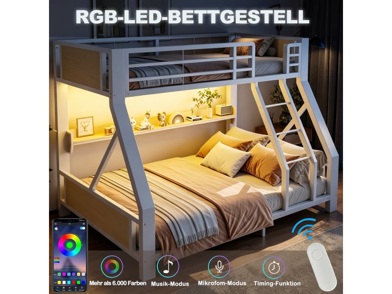 Lit superposé 90x200140x200 cm avec lit double inférieur, éclairage led, rangement intégré, structure métal, blanc OMNIGLINT TRADING LTD - Conforama E