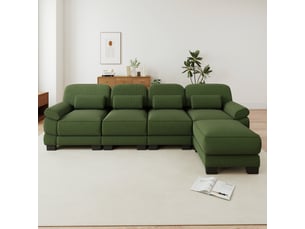 Canapé d'angle vert modulable 4 places en velours côtelé avec pouf, assise profonde, design en l
