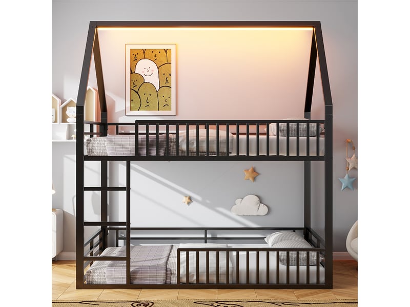  Lit superposé enfant 140x200 cm en métal noir avec structure maison et led  - Conforama D
