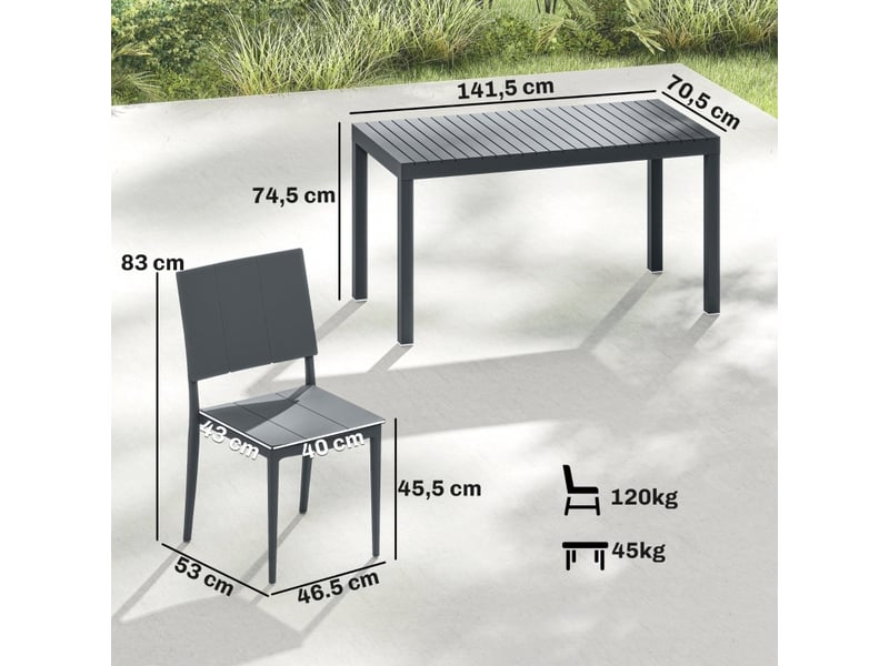 Salon de jardin 5 pièces 141,5x70,5x74,5 cm table large avec 4 chaises empilables métal gris foncé - Conforama D