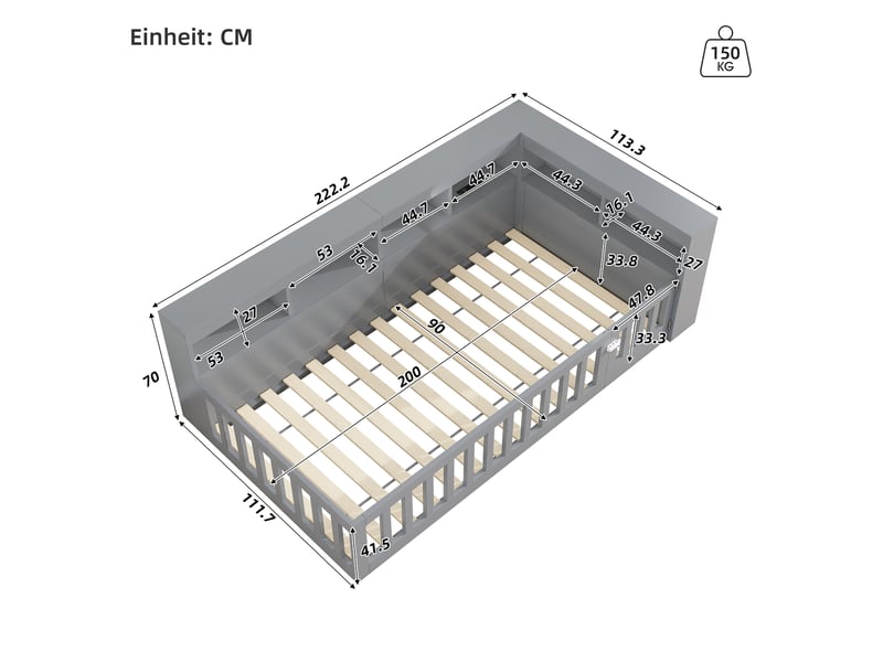  Lit enfant 90x200 cm, canapé-lit,  rangement, prise et usb, sommier, aggloméré, gris, sans matelas  - Conforama C