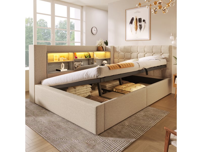  Lit en lin beige 140x200 cm  - Conforama E