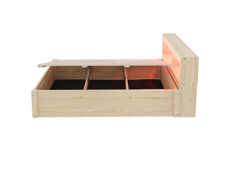  Lit simple 90x200 cm - lit coffre hydraulique - tête de lit avec led multicolore - prise électrique - rangements intégrés - bois  - Conforama W