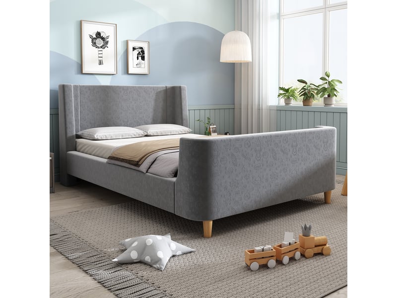  Lit enfant rembourré 90 x 200 cm, motif astronaute, pieds en bois massif, tête de lit rembourrée, sommier à lattes, pour la chambre, velours, gris ABC - Conforama E