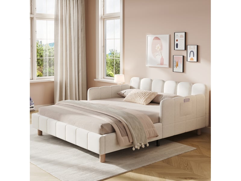  Lit enfant 140x190 cm avec sommier à lattes et barrière de sécurité beige sans matelas  - Conforama C
