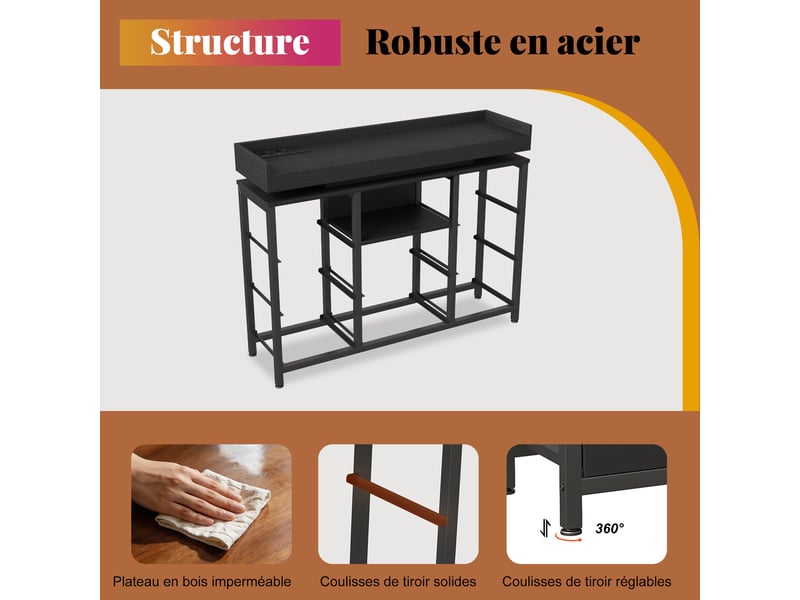  Commode 8 tiroirs avec led et prises - 108 x 30 x 82 cm-noir - meuble de rangement avec station de charge et étagère ouverte  - Conforama D