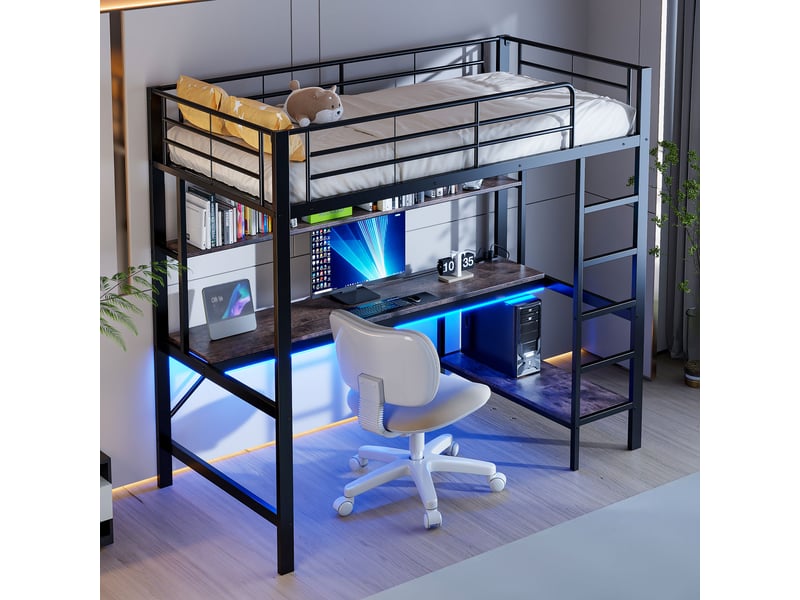  Lit mezzanine enfant 200×90 cm avec bureau, étagères, éclairage led, prises et usb, sans matelas, noir  - Conforama C