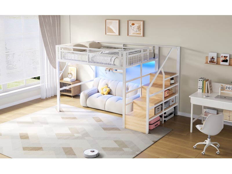  Lit mezzanine enfant 140 x 200 cm avec escalier de rangement et éclairage led, garde-corps, sommier à lattes inclus, métal, blanc Morn Vibe - Conforama B