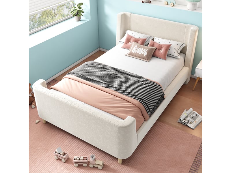  Lit enfant rembourré 90 x 200 cm, motif astronaute, pieds en bois massif, tête de lit rembourrée, sommier à lattes, pour la chambre, velours, beige ABC - Conforama E