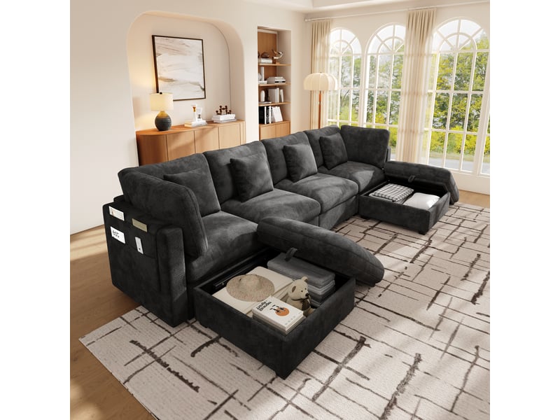  Canapé d’angle modulable avec rangement xl 6 places 292 x 147 x 81 cm grand canapé en l avec méridienne et pouf chenille gris  - Conforama B