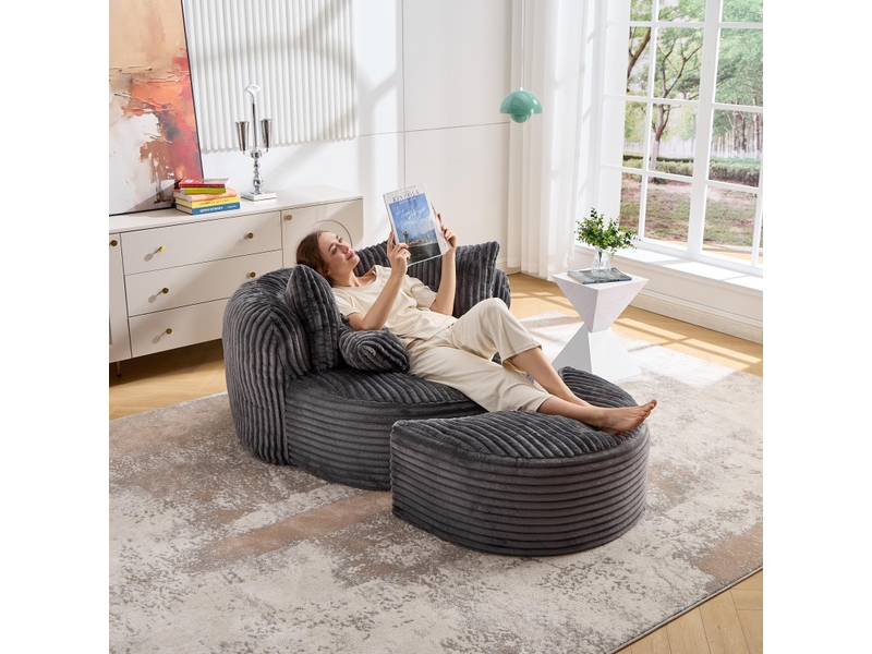  Fauteuil rond avec pouf - 168x123x63 cm - canapé lit lounge velours côtelé avec 5 coussins sans structure rigide - gris foncé  - Conforama C