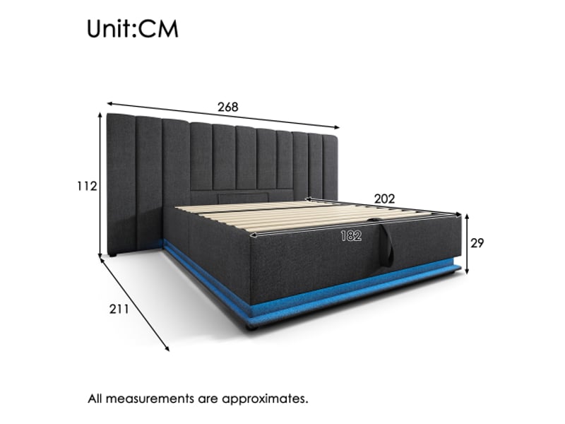  Lit coffre 180x200 cm avec led et ports usb et type-c, en lin, gris, matelas inclus  - Conforama D