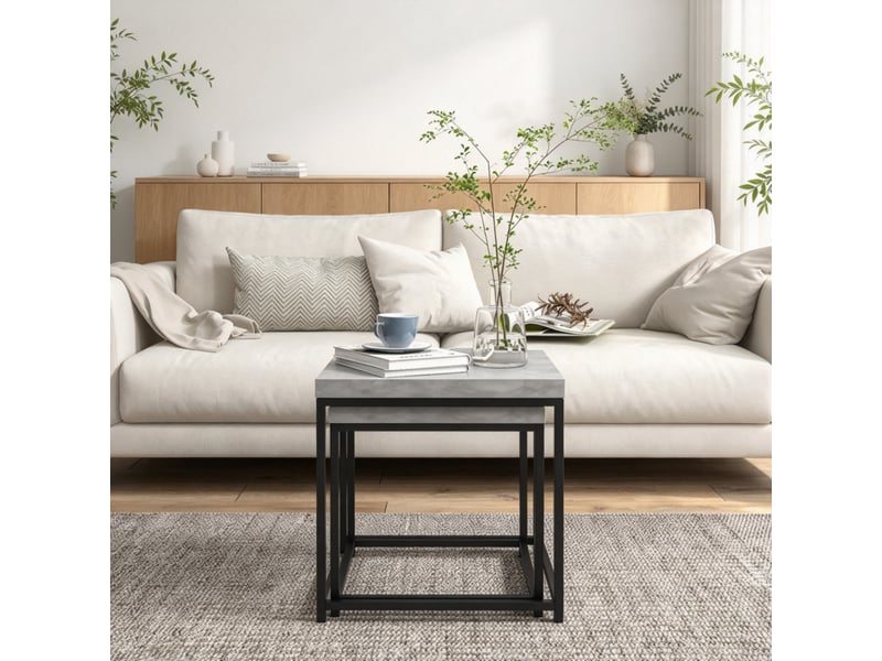  Lot de 2 tables basses gigognes 45x45 cm, tables d'appoint carrées avec plateau effet bois et structure métal noir, tables salon modernes - gris  - Conforama C