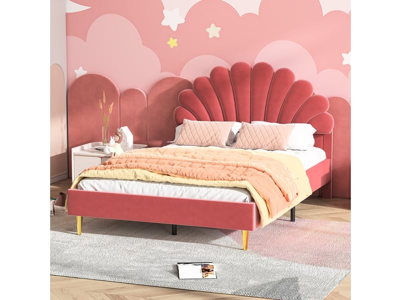  Feeohome lit pour enfant rembourré 140 x 200 cm, cadre de lit double avec sommier à lattes, lit simpledouble pour fille velours sans matelas, beige (rouge)  - Conforama D