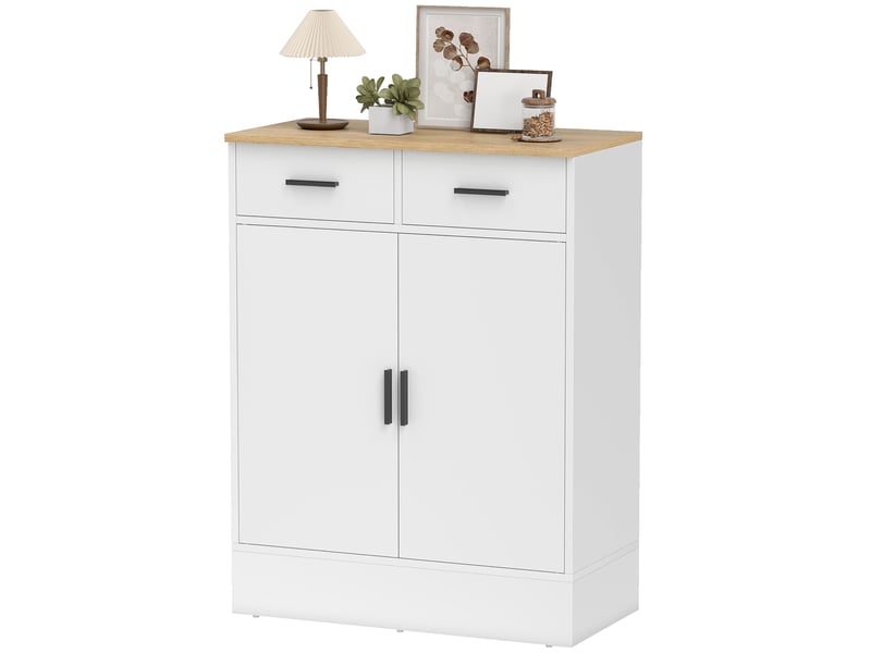  Buffet avec espace de rangement, commode à 2 tiroirs, étagère réglable, pour cuisine, salon, entrée, bois naturel, blanc  - Conforama B