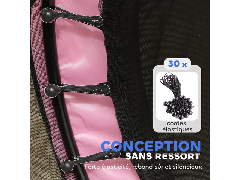  Trampoline enfant ø 1,40 × 1,90h m filet de sécurité porte zipée couvre-ressorts 6 poteaux rembourrés inclus rose  - Conforama R
