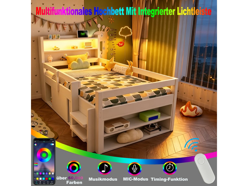  Lit mezzanine enfant simple 90×200 cm avec rangements, éclairage led et usb - okmyhome- en bois blanc, sans matelas  - Conforama E