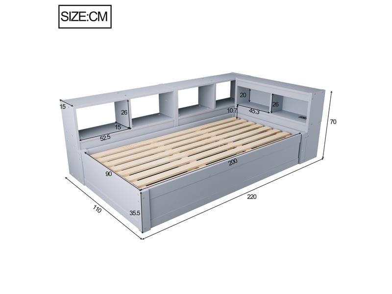  Lit coffre 90x200 cm avec rangement prise euro led multicolore mécanisme hydraulique bois massif gris  - Conforama C
