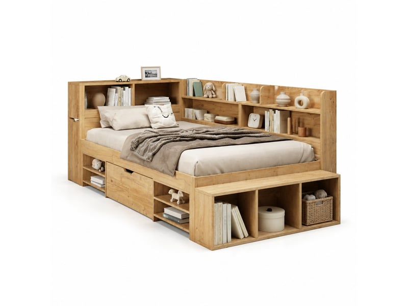 Lit enfant avec rangements 90x200 cm, tiroirs, étagères et sommier, naturel - Conforama A