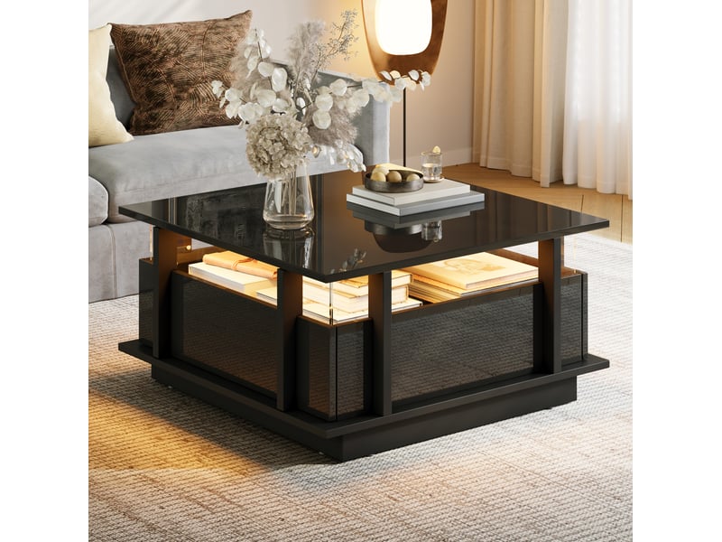  Table basse carrée avec 2 tiroirs et éclairage led, finition brillante, en panneau de particules, noir 70 × 70 × 35 cm  - Conforama D