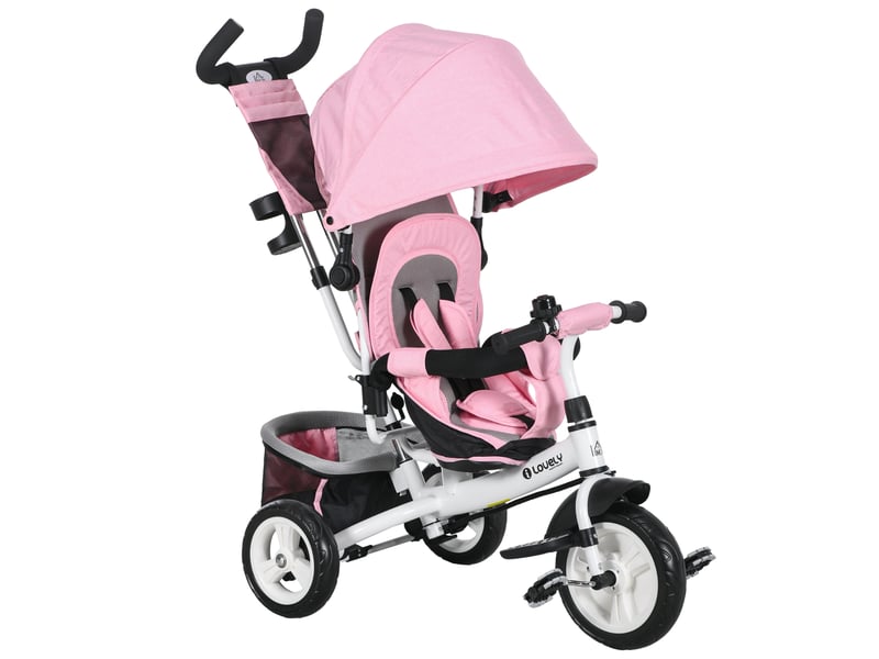  Tricycle pour enfants de 1 à 5 ans avec poignée et capote réglable, 102 x 49 x 102 cm, blanc et rose  - Conforama A