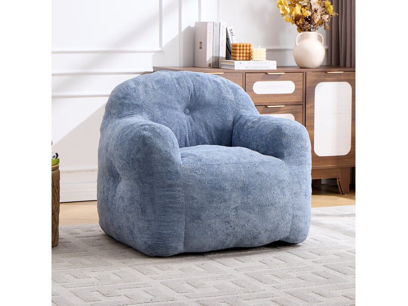  Fauteuil‑poire géant 95x95x79 cm, avec accoudoirs, dossier enveloppant, remplissage en mousse, fausse fourrure, bleu, sans montage  - Conforama B