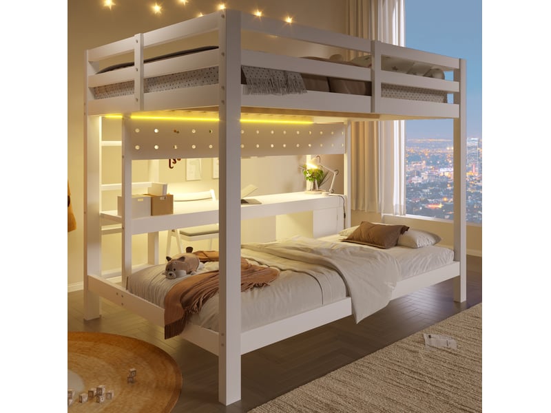  Lit mezzanine superposé 140x200 et 90x200 cm avec bureau, tiroirs et led blanc  - Conforama D