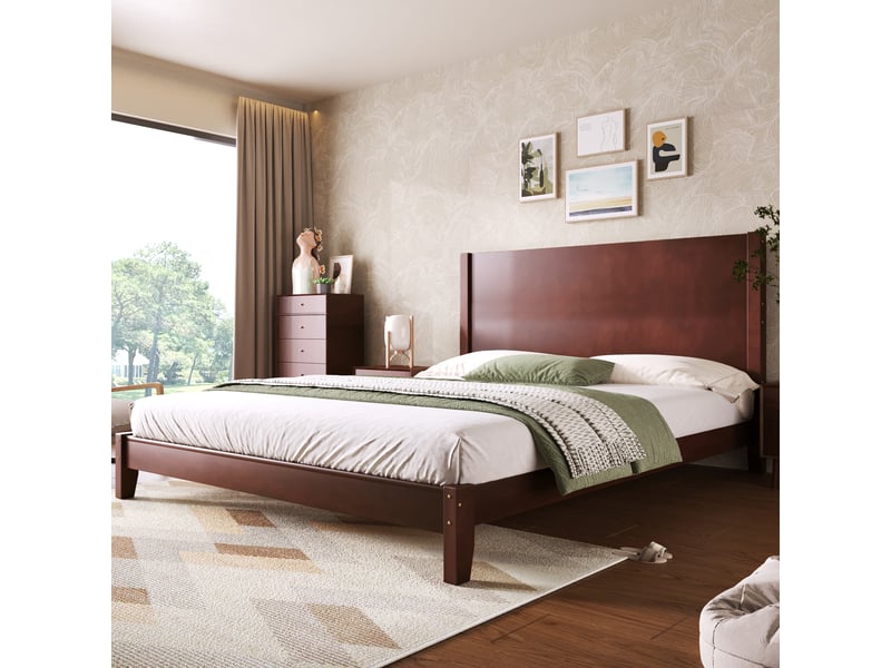  Lit plateforme 160x200 avec tête de lit et sommier en bois massif marron  - Conforama D