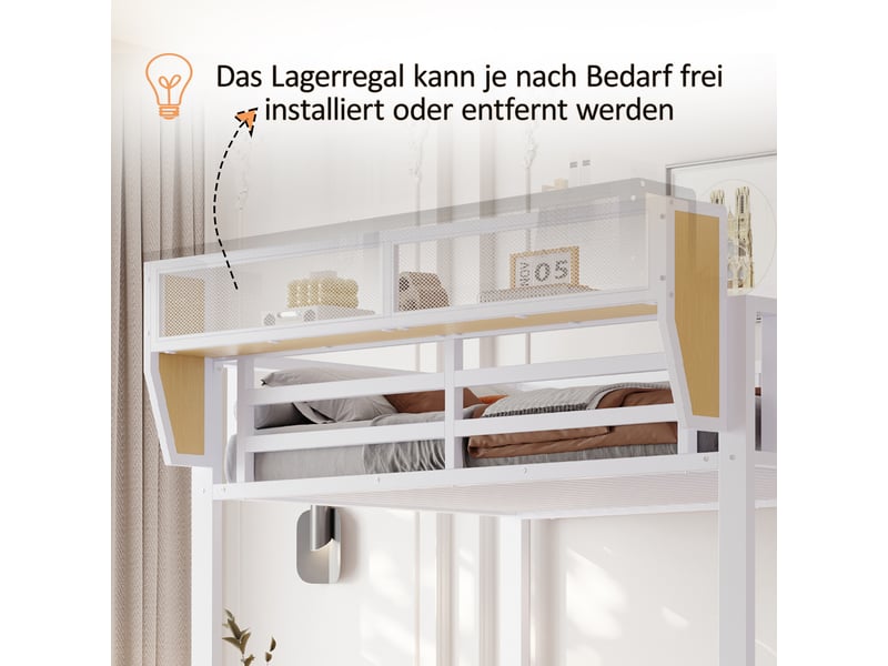 Lit mezzanine 90x200 cm blanc en métal avec échelle de sécurité et rangement modulable  - Conforama E